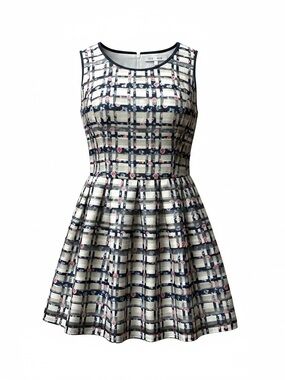 ASOS Navy White & Gray Grid Floral Sleeveless Fit-and-Flare Mini Dress